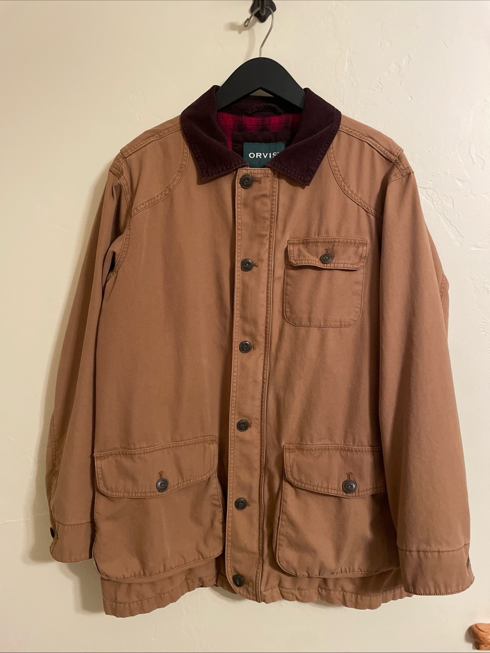Men’s Orvis Brown M Canvas Field Jacket Flannel Lined Corduroy Collar EUC